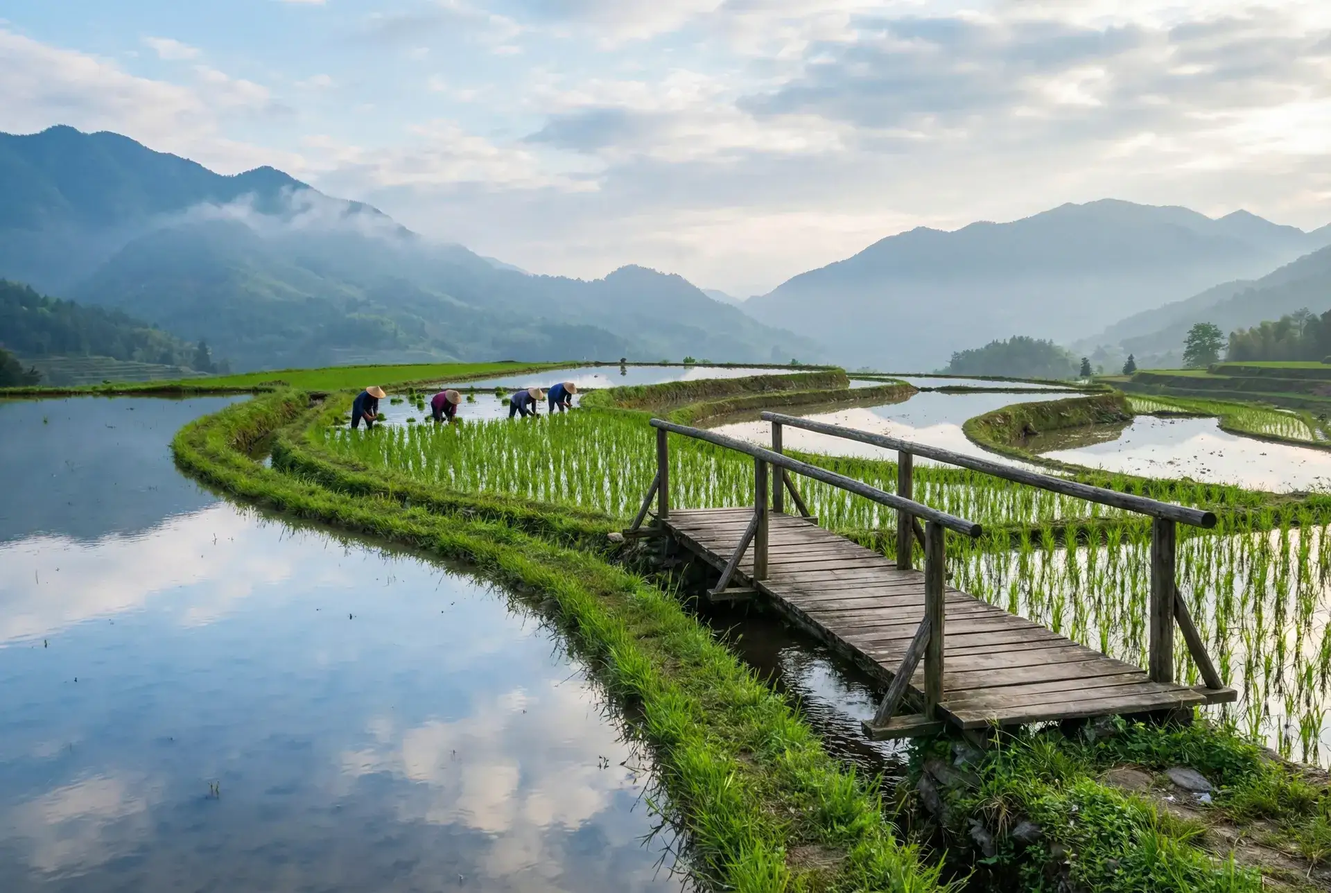 层叠梯田倒映天光，农人在水田间劳作 - 秋霞新版2020年成免费 田园风光
